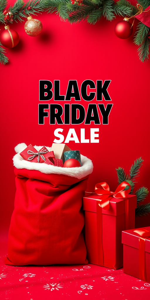 Create a festive Black Friday sale advertisement featuring a red background with holiday decorations, a Santa sack filled with gifts on one side and a beautifully wrapped red gift box on the other, using a DSLR camera, f/2.8 aperture, 50mm lens, shot from eye level, with vibrant colors and high contrast for enhanced image quality.