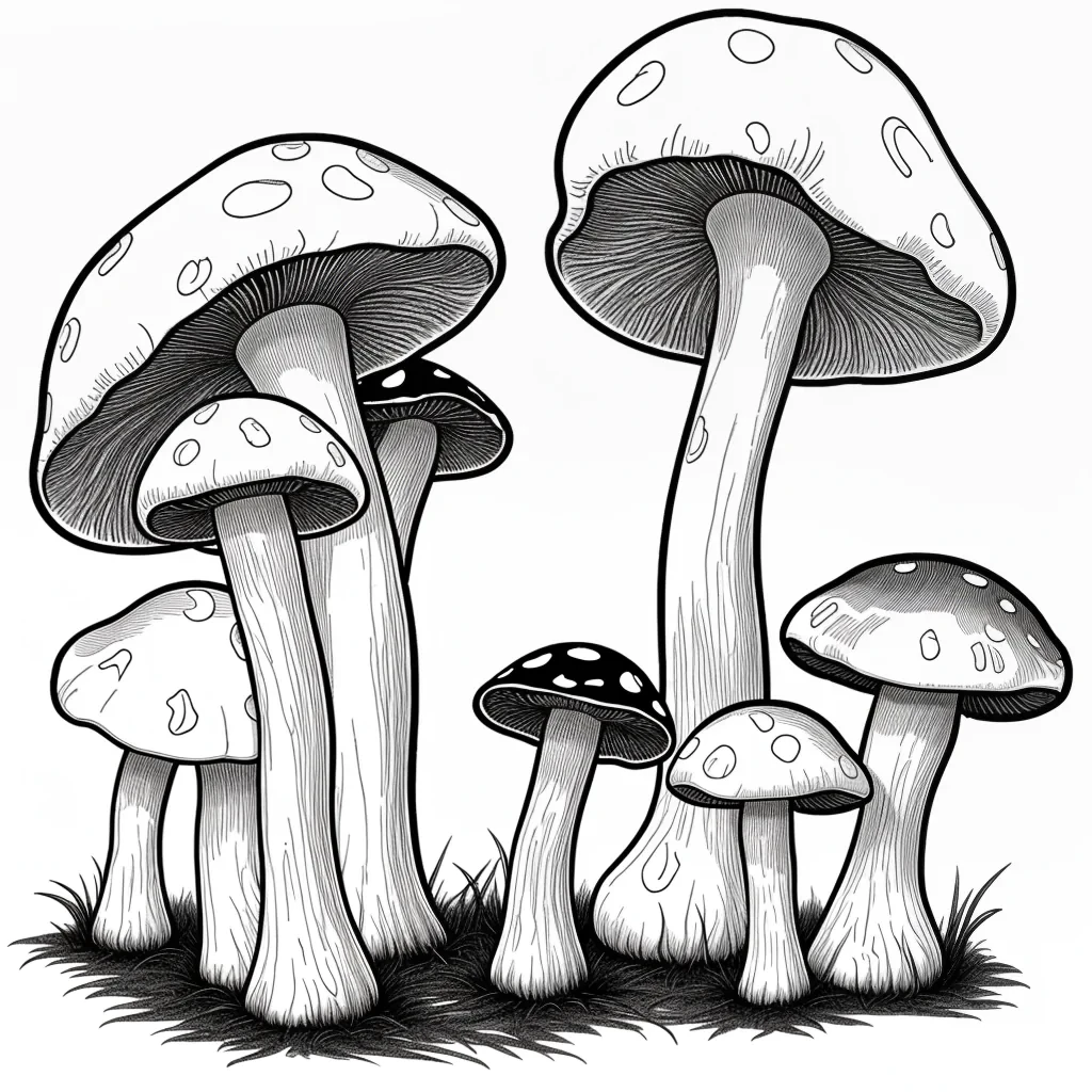 Intricate Black and White Illustration of Various Mushroom Species in ...