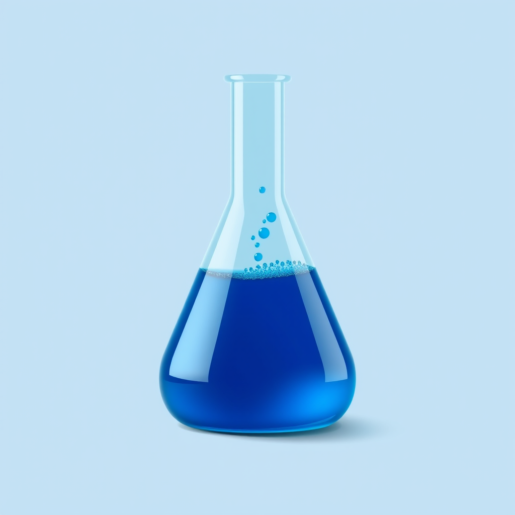 Create a high-resolution digital illustration of a laboratory flask filled with a bubbling blue liquid on a light blue background, using a 50mm lens, f/2.8 aperture, soft focus style, shot with a DSLR camera.