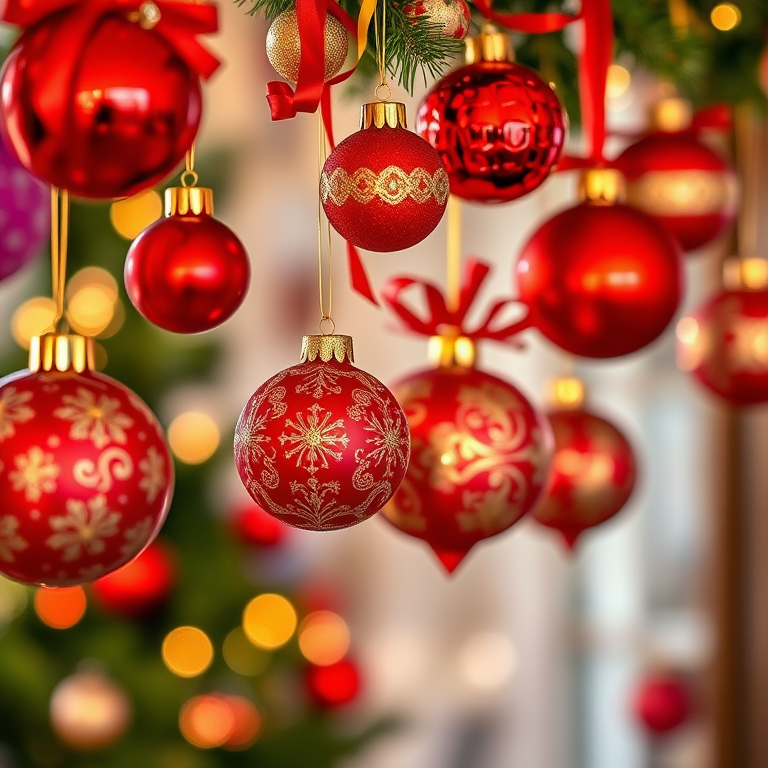 Create a vibrant and festive holiday decoration scene with a variety of red and gold ornaments hanging from a string, featuring detailed designs and ribbons, shot with a DSLR camera at f/2.8 aperture, 50mm lens, ISO 100, and a soft focus background for enhanced depth of field.