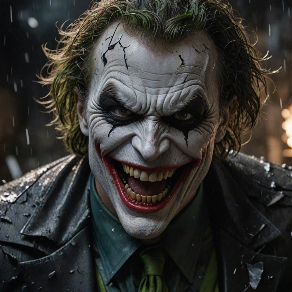 Merging elements of Batman and The Joker, this character portrays an evil, maniacal laughter, a sinister grin, and piercing eyes, accompanied by inhumanly sharp fangs. In a half-body portrait, Batman appears maniacal, gazing into a shattered mirror, his image rendered in Todd Phillips' unique style. The scene exudes an atmosphere of darkness, horror, and intense drama, with dramatic lighting and high-quality, hyper-realistic visuals. Inspired by the style of illusory wallpaper portraits, the image showcases colorful realism, exceptional attention to detail, and intricate hidden elements. The UHD, 8K resolution delivers a stunning image, combining realism and vibrant colors for an immersive, intense experience.