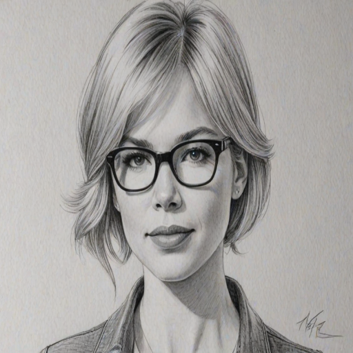 Beauteous Michelle Williams, pencil sketch, portrait of Appealing woman 1977s in glasses, hair style beatnik, outline, clear lines, fine lines, 8k