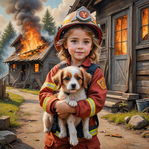airbrushed oil painting, pixar style, cute little girl in fireman gear, helmet, tousled hair, expressive eyes, standing in the doorstep of a cottage burning behind him, holding a cute little dog in her arm, atumn sky