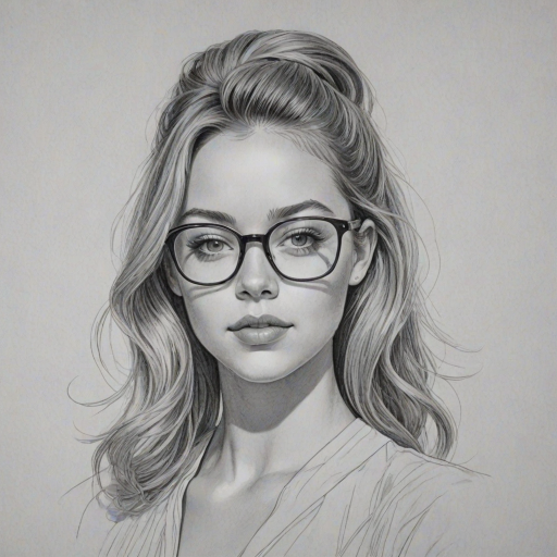 Exquisite Sydney Sweeney, pencil sketch, portrait of Elegant woman 1961s in glasses, hair style beatnik, outline, clear lines, fine lines, 8k