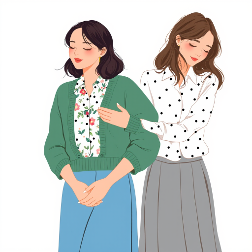 Create an illustration of two women embracing, one wearing a green sweater over a floral shirt and a blue skirt, the other in a white shirt with polka dots and a grey skirt, in a minimalist style with a soft color palette, shot with a vintage filter at f/2.8, 50mm lens, natural light, and slightly overhead angle.