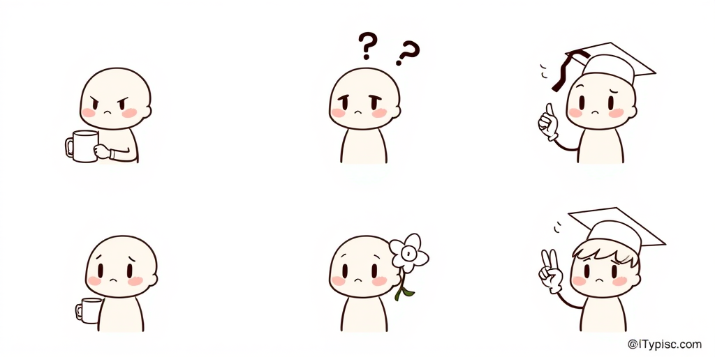 Create a six-panel comic featuring a simple cartoon character with a smooth head and minimal facial features. In the first panel, the character is holding a mug and looking thoughtful. In the second panel, the character has a confused expression with a question mark above its head. The third panel shows the character with a serious expression and a raised fist. In the fourth panel, the character is holding a ring and looking determined. The fifth panel features the character with a flower in its hair and a heart gesture. In the sixth panel, the character is wearing a graduation cap and making a peace sign. The style should be minimalistic and playful.