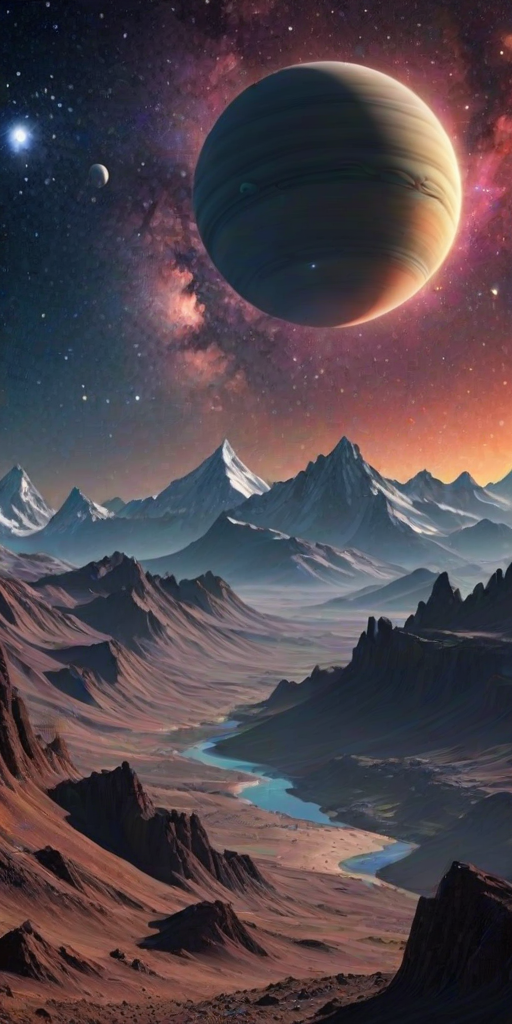 create an image of a stunning alien landscape featuring dramatic mountain ranges and rocky terrain with a view of Saturn in the sky, surrounded by stars and cosmic dust, showcasing a vibrant galaxy in the background