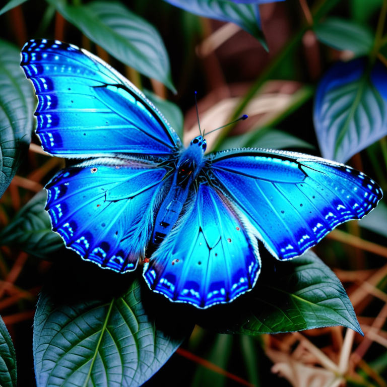A Stunning Blue Butterfly Perched Gracefully on Lush Green Leaves