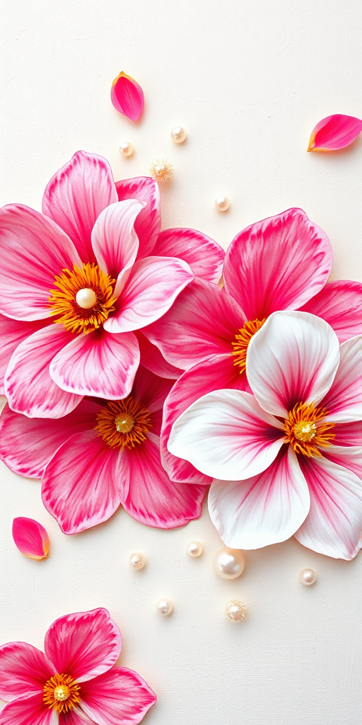 Create an image of a textured floral design featuring large pink and white flowers with yellow centers. The background should be a soft, light color with subtle texture. Include a few flower petals scattered around and small decorative pearls integrated into the composition. The overall feel should be vibrant and artistic, resembling a painting with thick brush strokes.