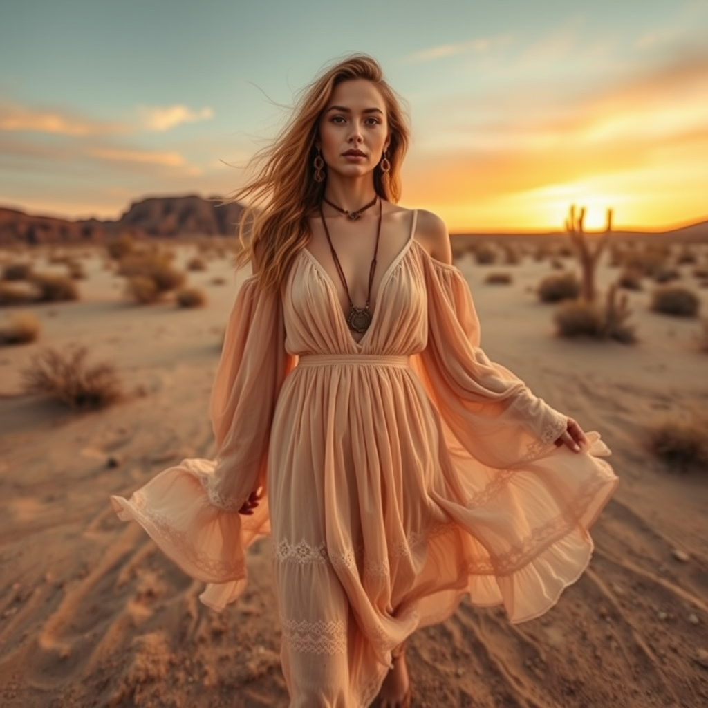 Desert setting, bohemian model, flowy dresses, earthy tones, rustic sunset effect,  equipped with a 12mm lens to capture an overhead view of the model, emphasizing symmetry and spatial positioning