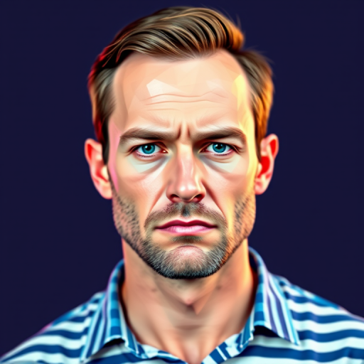 Generate a low-poly portrait of a male figure with a serious expression, wearing a striped shirt, in bright colors and geometric shapes, using a DSLR camera at 50mm lens, f/2.8 aperture, ISO 100, shot in portrait mode with studio lighting for enhanced detail and contrast.