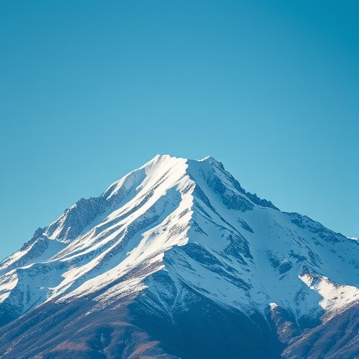 Capture a high-resolution image of a snow-capped mountain peak under a clear blue sky using a full-frame DSLR camera, 24mm lens, aperture f/8, ISO 100, with a slight tilt-up angle to emphasize the mountain's height and surrounding terrain.