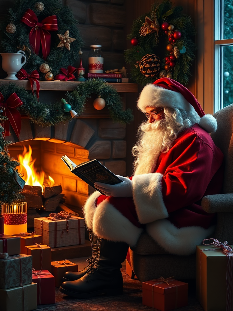 A cozy interior scene featuring Santa Claus reading a book by a fireplace, surrounded by Christmas decorations and presents, with warm lighting, f/2.8 aperture, 50mm lens, ISO 100, soft focus background, high-resolution digital camera.