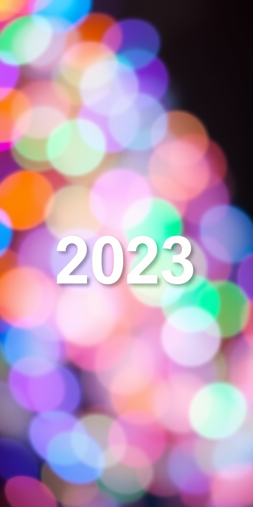 create a vibrant abstract image of colorful bokeh lights in various shades of blue, green, orange, and purple with the numbers 2023 in the center, shot with a DSLR camera at f/1.8, ISO 100, 50mm lens, with a shallow depth of field and a low angle view to emphasize the bokeh effect.