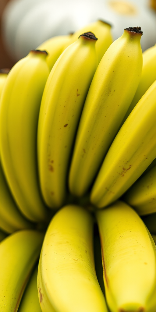 Regenerate a close-up image of a bunch of green bananas with vibrant colors and detailed texture, using a DSLR camera with a 50mm lens, f/2.8 aperture, ISO 100, natural lighting, and a shallow depth of field to enhance the focus on the bananas.