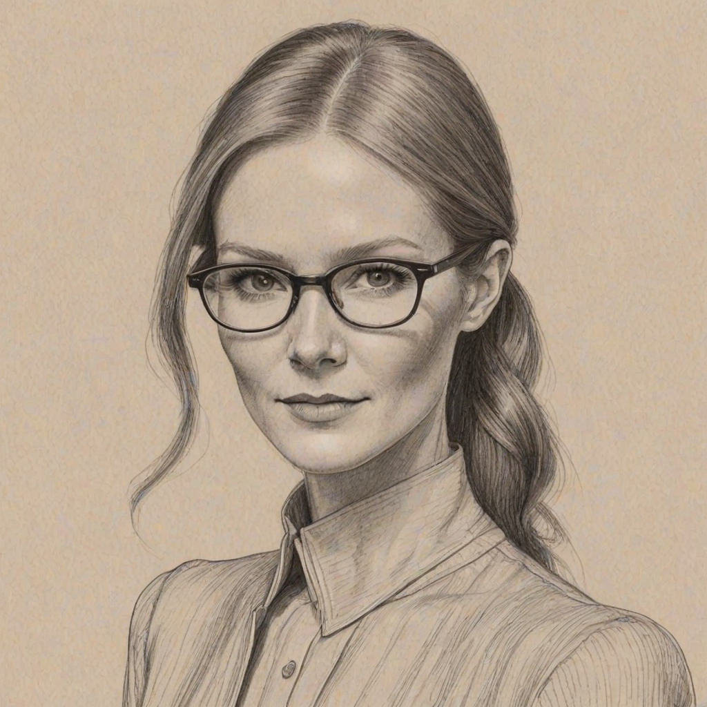 Ravishing Darby Stanchfield, pencil sketch, portrait of Delightful woman 1924s in glasses, hair style beatnik, outline, clear lines, fine lines, 8k