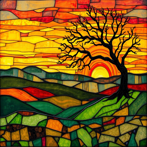 A vibrant abstract painting on Tiffany Glass, blending acrylic and alcohol ink techniques, captures a dramatic sunset over rolling hills. The artwork features a textured, rocky foreground in green and brown, layered abstract hills, and a striking sunset in rich oranges, yellows, and reds. A solitary black tree with intricate branches contrasts against the fiery sky, creating a dynamic and expressive portrayal of a breathtaking natural scene.