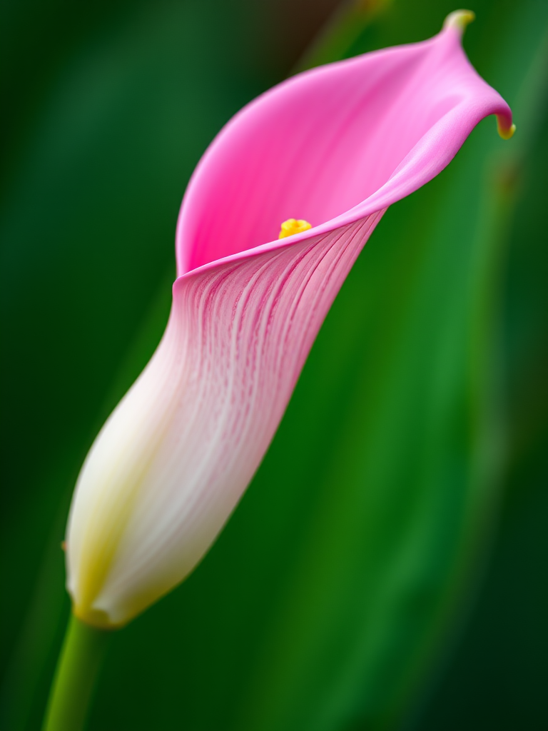 Close-up of a pink calla lily against a blurred green background, shot with a DSLR camera, f/2.8 aperture, 100mm lens, ISO 200, natural lighting, shallow depth of field for a soft bokeh effect.