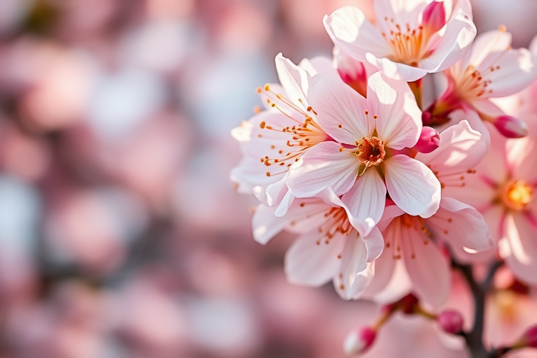 Close-up shot of blooming cherry blossoms with soft focus, f/2.8 aperture, 50mm lens, ISO 100, natural light, DSLR camera, shallow depth of field, macro style photography.