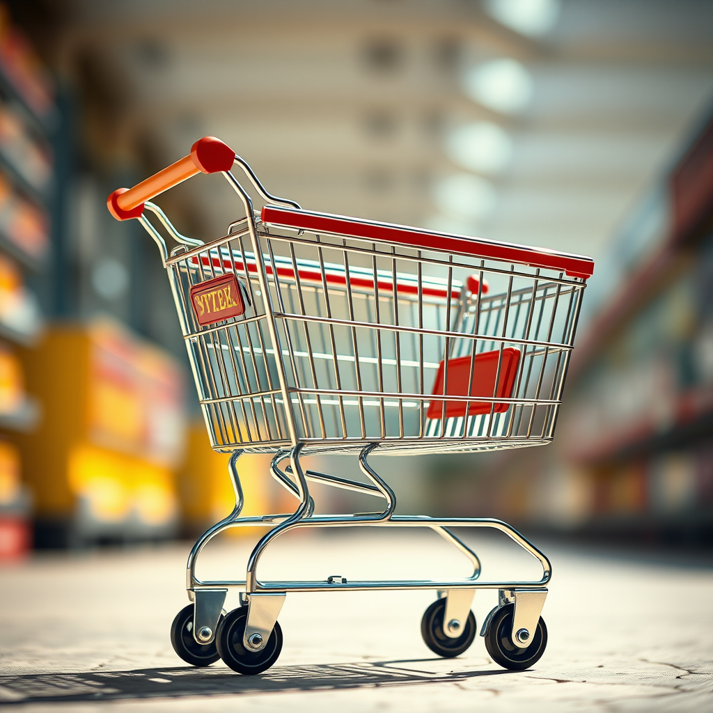 Create a detailed vector illustration of a shopping cart, including intricate designs and shading, photographed from a low angle with a 50mm lens, f/1.8 aperture, 1/100 sec shutter speed, in natural daylight, using a DSLR camera for high resolution and clarity.