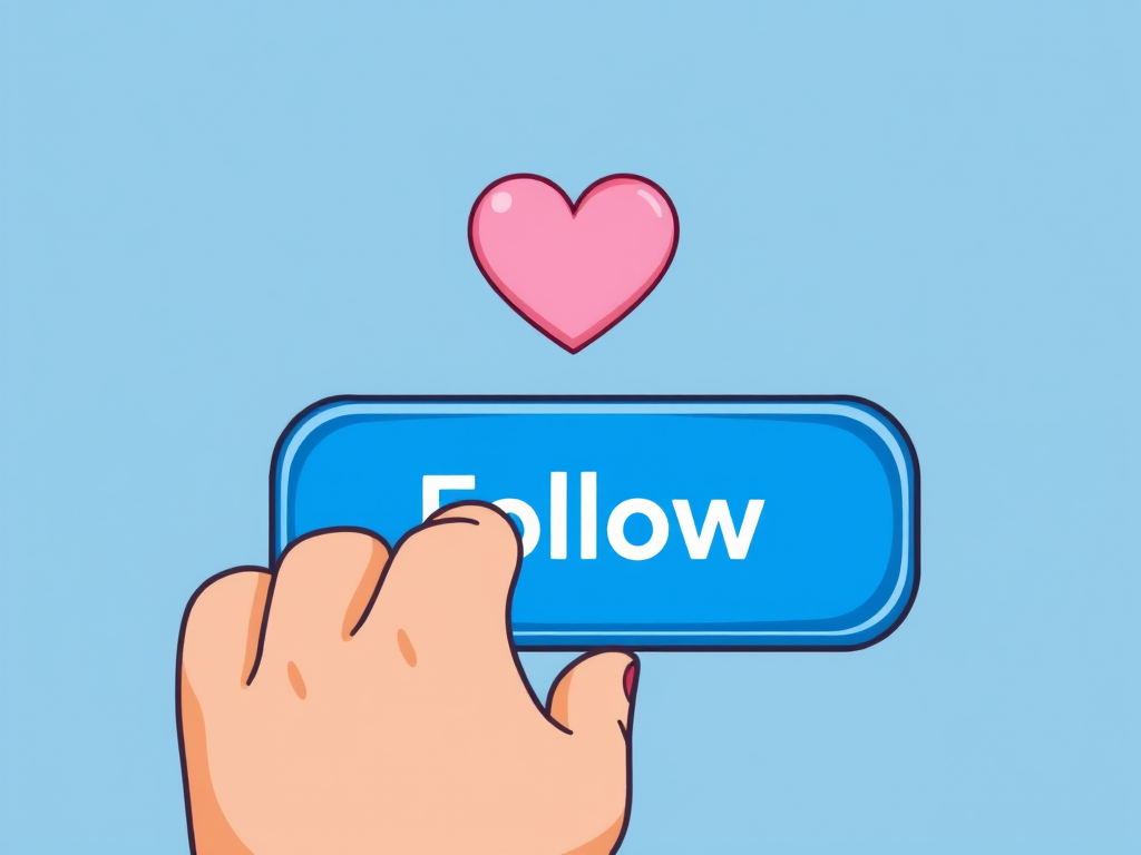 Create a digital illustration of a hand pressing a blue "Follow" button with a heart above it, using a high-resolution camera setting of 300 DPI, a close-up view, in a vector art style with a digital camera type to enhance image quality.