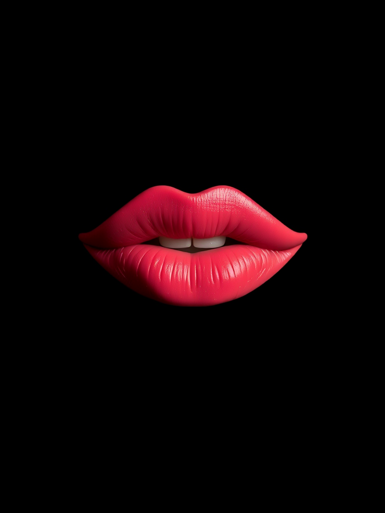Create a high-resolution image of a stylized pair of lips against a solid black background, using a DSLR camera with a 50mm lens, aperture set to f/1.8, ISO 100, and a soft-focus background effect to enhance the contrast and detail of the lips, shot in a well-lit studio environment.