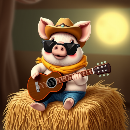 A chibi pig, dressed as a cowboy, playing guitar, sitting on a hay bale