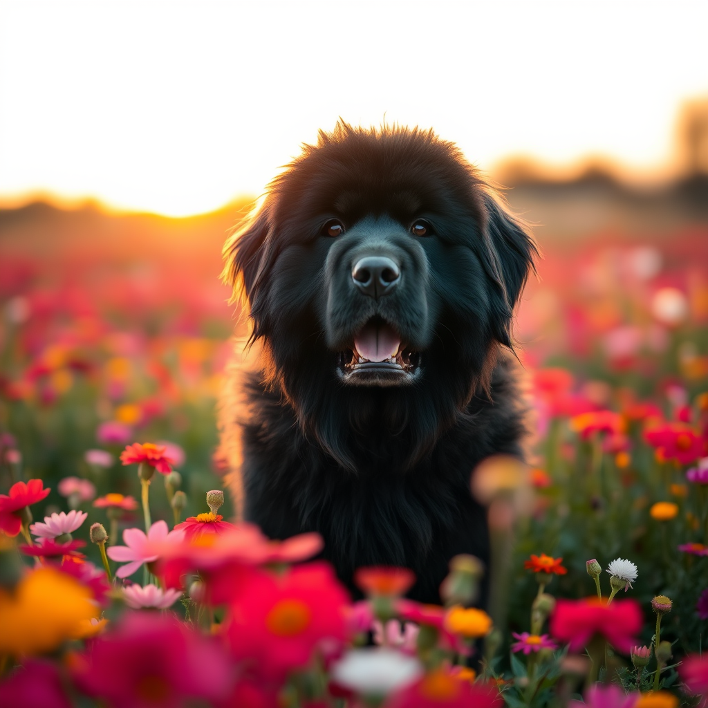 A fluffy black Newfoundland dog standing in a vibrant field of flowers during golden hour, soft focus with a shallow depth of field, 50mm lens, f/1.8 aperture, ISO 200, natural lighting, DSLR camera.