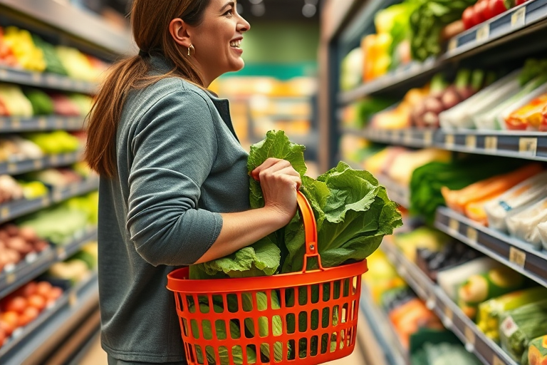 A shopper holding an orange basket filled with lettuce in a grocery store aisle stocked with fresh vegetables, captured with a Canon EOS R5, 24mm lens, f/2.8 aperture, ISO 200, 1/50 sec, with a shallow depth of field and natural lighting to emphasize freshness.
