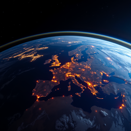 A high-resolution view of Earth from space at night showcasing Europe with illuminated cities and vibrant lights along coastlines, captured with a Canon EOS 5D Mark IV, 24mm lens, f/2.8 aperture, ISO 400, 15-second exposure, in a panoramic style to highlight the glowing landscapes and starry background.