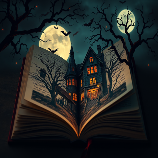 open book with a haunted house scene at night, surrounded by twisted trees, bats flying, full moon in the background, vibrant colors, intricate details, atmospheric lighting, DSLR camera, f/1.8 aperture, 35mm lens, ISO 100, 1/60 sec shutter speed, shot from above, high dynamic range, soft focus on the book edges