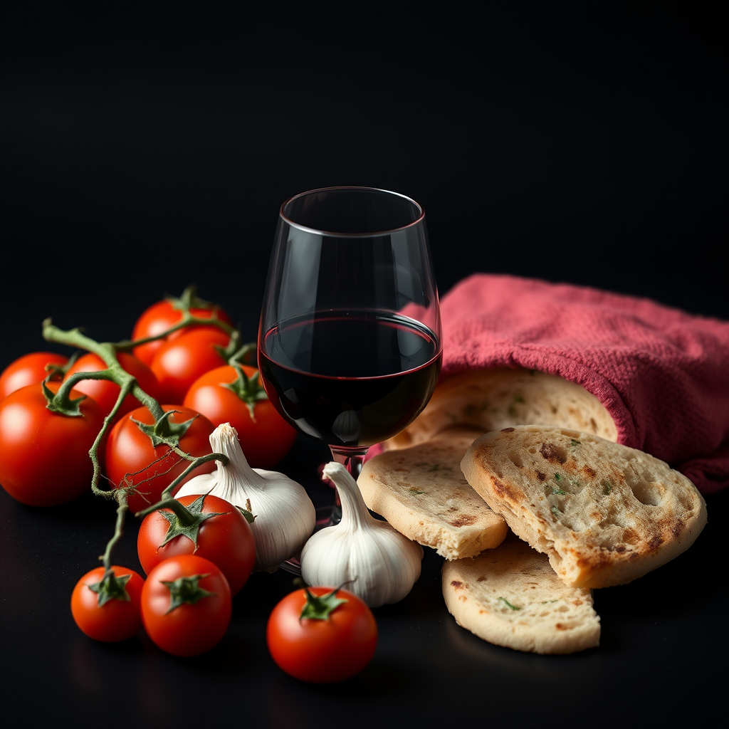a still life composition featuring a glass of red wine, fresh vine tomatoes, garlic, and several pieces of flatbread, shot with a Canon EOS 5D Mark IV, 50mm f/1.4 lens, aperture f/2.8, ISO 100, in soft diffused lighting against a black background for enhanced depth and detail