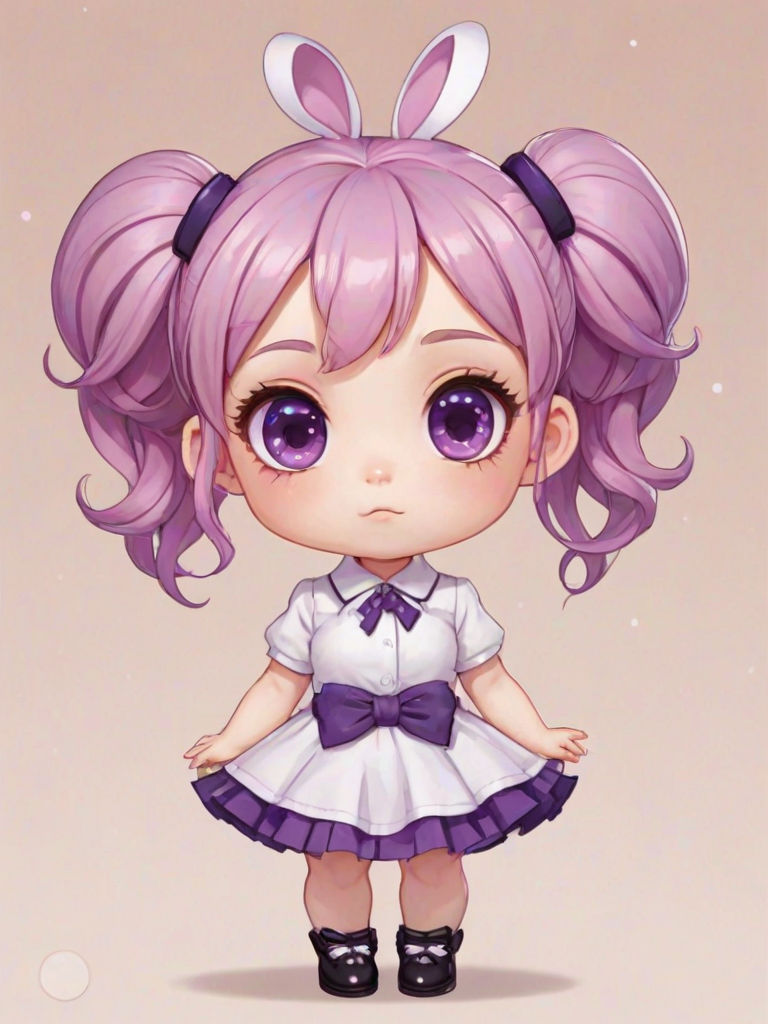 chibi, pink hair, purple eyes, hair bun, hair bow, no humans, white skin, four legs, solid circle eyes, no pupils,