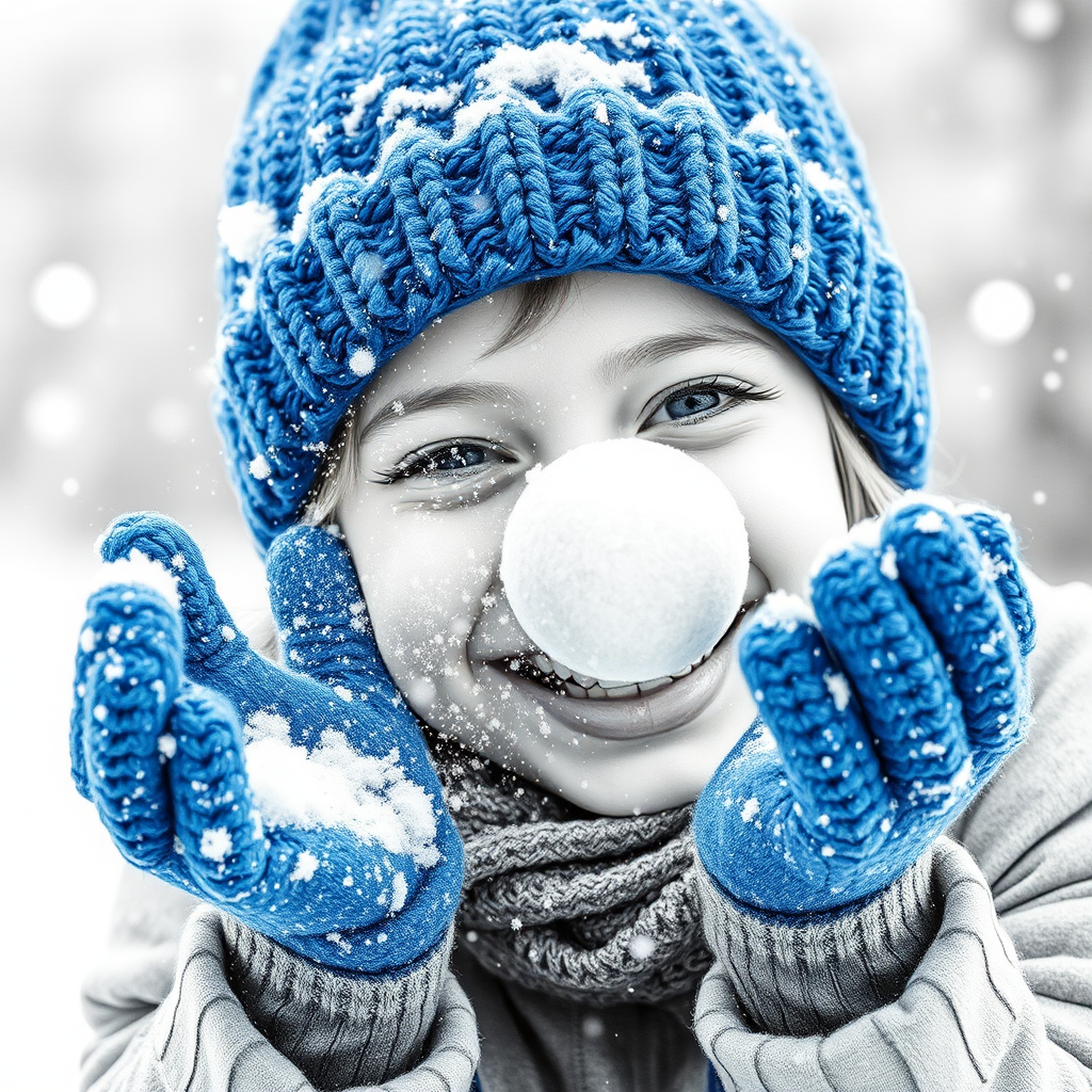 A hyperdetailed photorealistic macro image black and white pencil sketch of a young girl getting hit by a snowball during a snowball fight. She is wearing a brilliant sapphire blue wool beanie and bright blue mittens. She is trying to block the snowball by putting her hands up. The snowball hits her beanie and disintegrates into myriad tiny snowflakes caught with high speed photography. The girl is laughing and having a wonderful time.