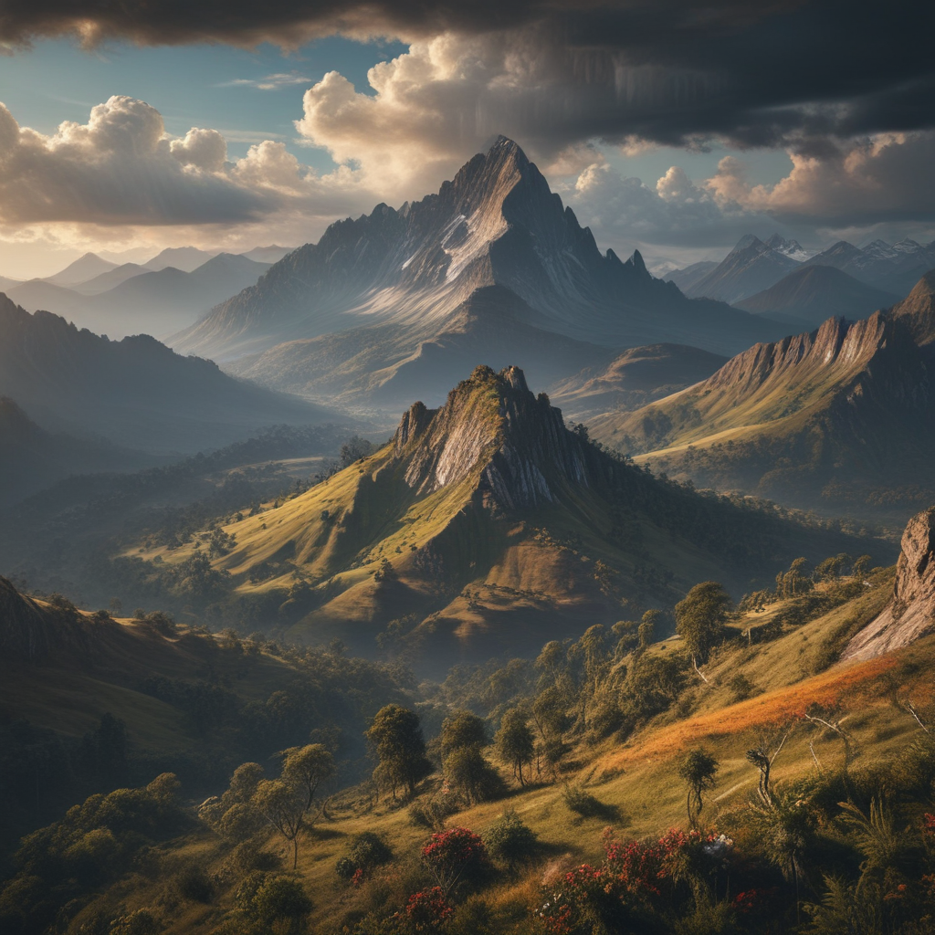 Majestic Mountain Landscape with Lush Green Valleys and Dramatic Skies.