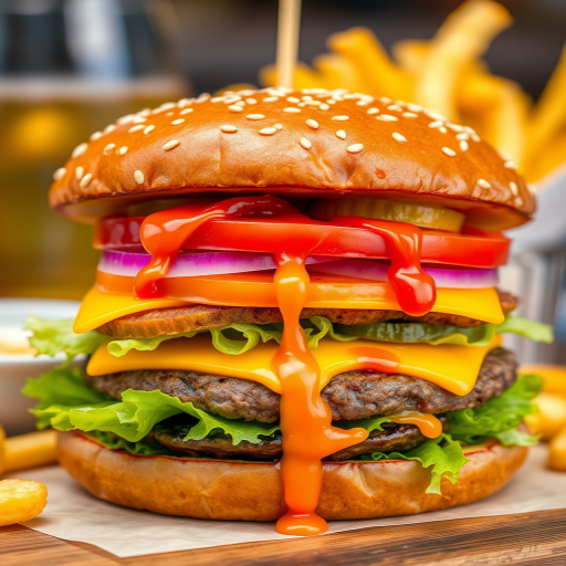 High-resolution, close-up image of a gourmet double cheeseburger. The burger features a glossy, sesame-seed-topped brioche bun. Inside, there are two thick, juicy beef patties, each topped with melted cheddar cheese. The burger is garnished with fresh lettuce, tomato slices, diced onions, and pickles. A generous amount of ketchup and a creamy, orange-colored sauce is dripping down the sides, adding to the mouth-watering appeal. In the background, there are blurred elements including a side of golden French fries and a hint of a beverage, enhancing the overall presentation of a delicious meal.