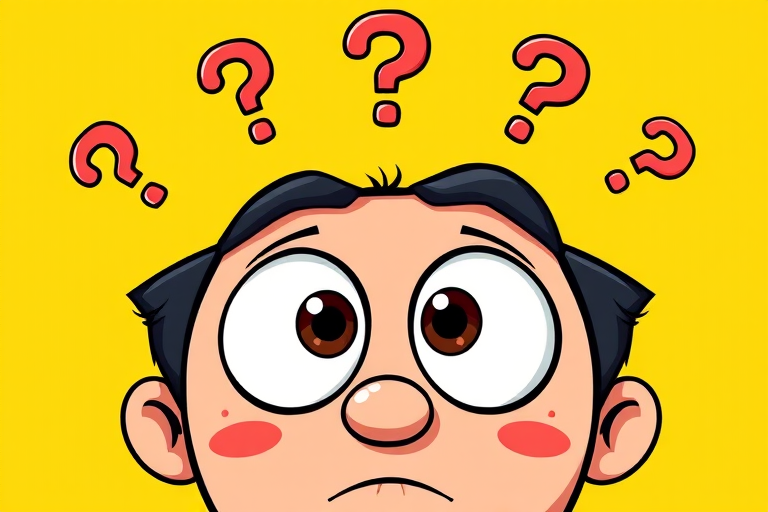 create a cartoon-style illustration of a confused face with large expressive eyes and multiple question marks above it, bright yellow background, shot with a DSLR camera at f/2.8, 50mm lens, natural lighting, high resolution