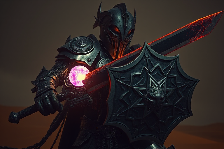 An upper body shot of a dark, sinister, towering mech knight in the heat of battle, captured with the gritty realism of an old-school analog camera. The knight's intricately designed, battle-hardened helmet reflects the eerie glow of his weapon - a massive, twisted sword. The blade emanates crackling dark energy, gathering ominously at the tip, where a glowing orb of deep purple and translucent amber gleams with immense destructive power. The energy radiates along the length of the blade, casting an unholy glow that illuminates the knight's helmet and armor, creating a stark contrast between light and deep shadows. In the knight's other hand, he wields a fearsome shield, adorned with jagged, twisted patterns and terrifying visages that seem to gaze into the souls of their enemies. The shield exudes an ominous feeling, as if cursed by dark magic, adding to his overall sense of terror. The glow from the sword makes the intricate details on the shield visible, casting a long shadow across the lonely desert landscape battlefield on the dunes