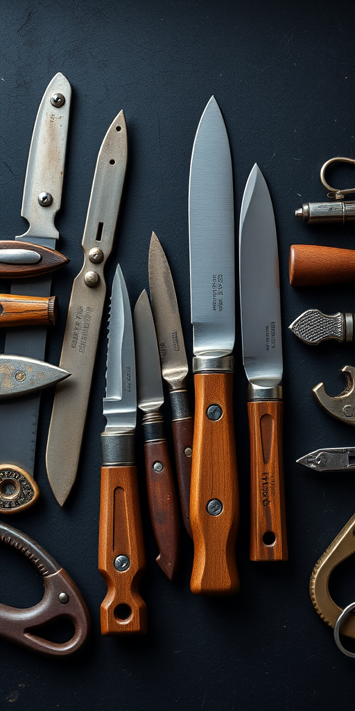 High-resolution still life of an arrangement of vintage tools and knives on a dark textured background, captured with a DSLR camera, 50mm lens, f/2.8 aperture, ISO 100, natural lighting, top-down view, shallow depth of field.
