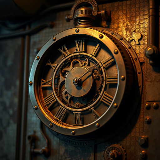 Create a close-up of a steampunk clock with intricate gears and a vintage clock face, set in a dimly lit, metallic room with rusted textures, using a DSLR camera with a 50mm lens at f/1.8, ISO 100, and a shutter speed of 1/60 sec, capturing the atmosphere with soft shadows and warm highlights.