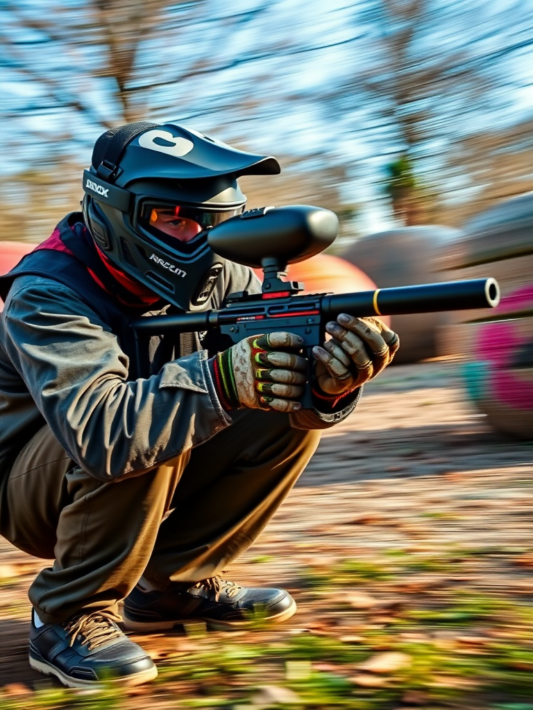 high-resolution image of a paintball player in action, crouched low and aiming, shot with a DSLR camera at f/2.8, ISO 400, 1/500s, wide-angle lens, outdoor setting with dynamic lighting and vibrant colors, capturing motion blur for a sense of speed