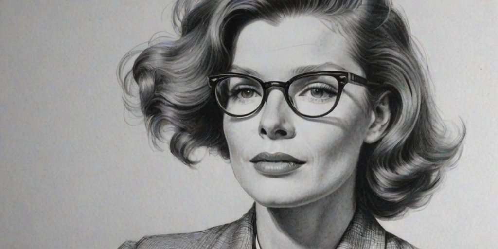 Lovely Katharine Hepburn, pencil sketch, portrait of Attractive woman 1924s in glasses, hair style beatnik, outline, clear lines, fine lines, 8k