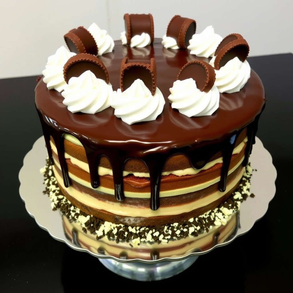 A beautifully decorated chocolate cake with layers of creamy frosting topped with chocolate ganache and dollops of whipped cream, adorned with chocolate cups and crushed candy on the sides, presented on a silver cake stand.