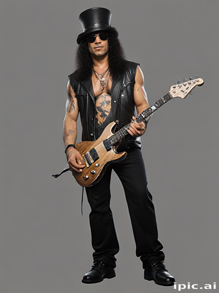Rock Guitarist with Iconic Top Hat and Leather Vest Playing Electric Guitar
