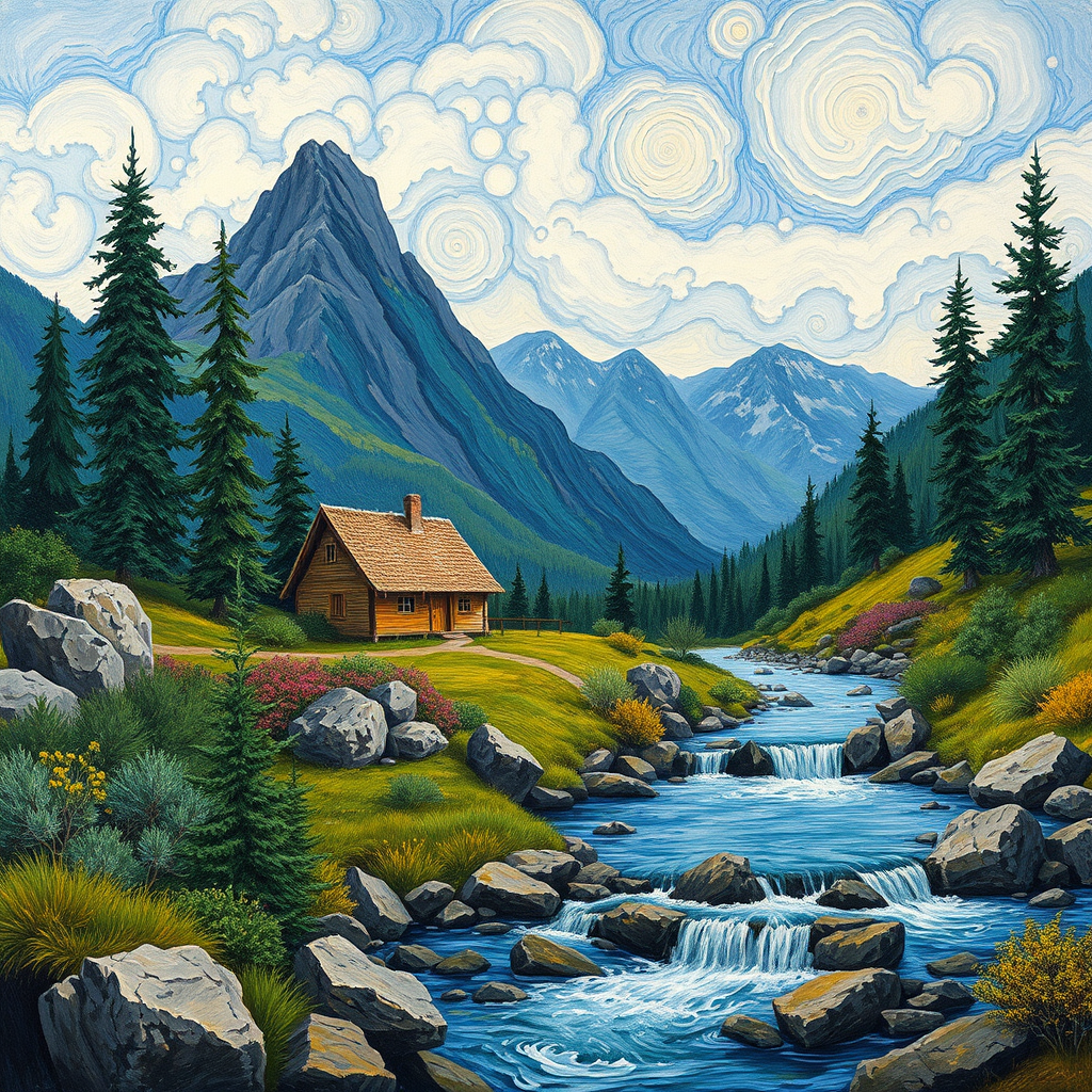 This Van Gogh-inspired painting depicts a peaceful scene of a small cabin located near a flowing river. The scene is surrounded by lush vegetation, including tall trees and rocky terrain. In the background, majestic mountains rise under a sky filled with rolling clouds. The river gently cascades over the rocks, adding a sense of movement and tranquility to the scene. The use of vibrant colors and detailed brushstrokes create a sense of depth and harmony in the natural setting.