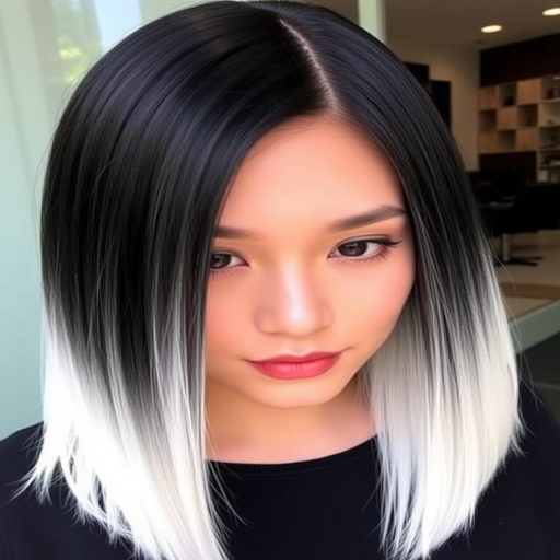 Jet black to white ombre styled in a sleek, pin-straight lob by "Monochrome Magic" salon, featuring a sharp, angled cut that's longer in the front, with a high-shine finish that creates a striking contrast between the dark roots and icy tips, exuding modern sophistication.