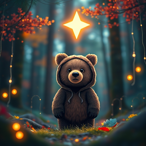 Create an enchanting forest scene featuring a cute bear with a hoodie standing under a glowing star surrounded by sparkling lights and colorful foliage, shot with a DSLR camera at f/2.8, ISO 100, 50mm lens, using a soft focus style to enhance the magical atmosphere.