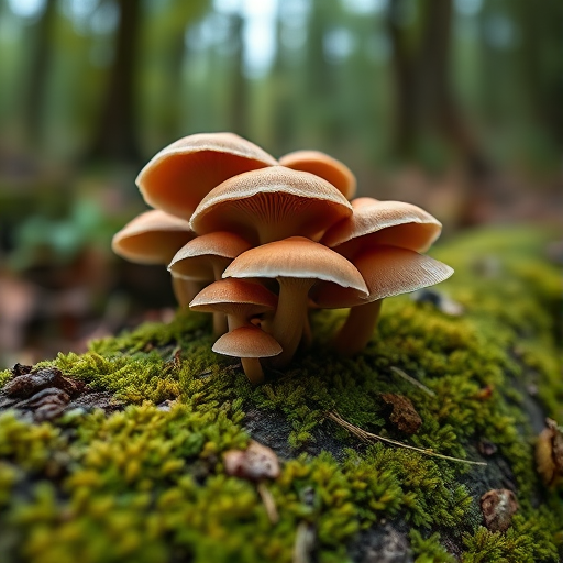 Capture a close-up of a cluster of unique mushrooms growing on a mossy log in a forest setting, with soft natural lighting, using a Canon EOS R5, aperture f/2.8, shutter speed 1/60 sec, ISO 100, focus on the texture of the mushrooms, with a shallow depth of field to blur the background.