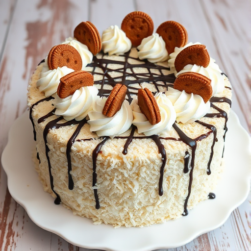 A beautifully decorated cake with a textured exterior covered in shredded coconut and topped with swirls of whipped cream chocolate drizzle and cookie accents arranged artfully on top served on a decorative white plate with a rustic background.