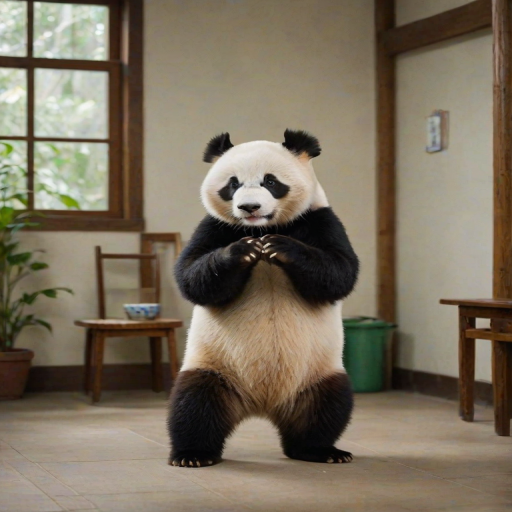 This high-resolution photograph captures a charming panda named Huahua, depicted standing upright on her hind legs in an indoor environment. Huahua has her distinctive black and white fur, and her front paws are raised, suggesting a sense of determination or frustration. Her posture is strong and assertive, with her legs slightly apart and her paws positioned as if she is preparing to take action.